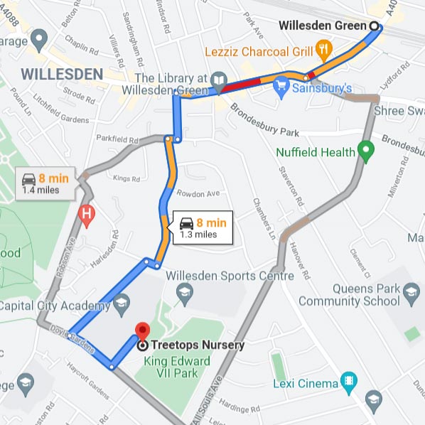 Willesden Green tube station (Jubilee line) to Treetops Nursery School is only 1.3 miles away. By car it takes as little as 6 minutes.